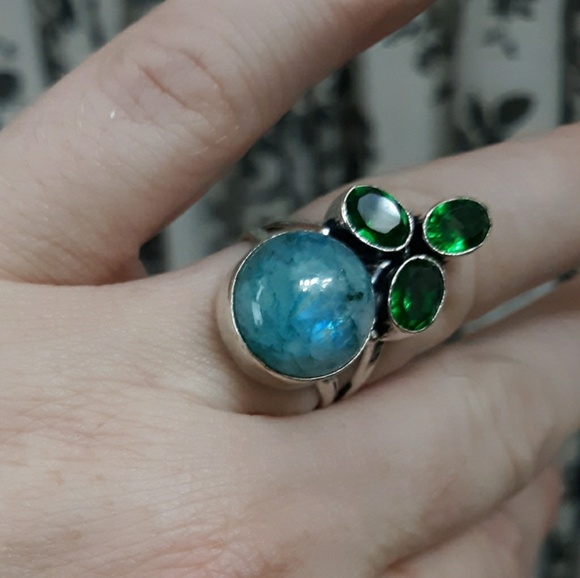 New Rainbow Moonstone & Chrome Diopside Silver Ring. - Picture 6 of 8